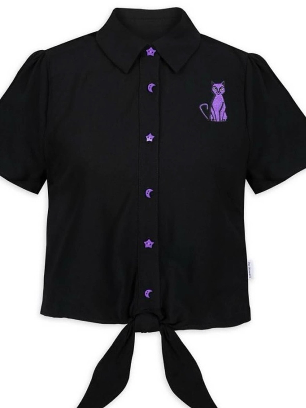 Disney Her Universe Hocus Pocus Black Tie-Front Shirt with Purple Cat Embroidery
